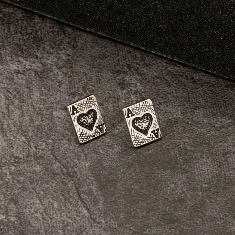 Aces Playing Card Antiqued Silver Post Earrings, unisex, best seller - Picture 4 of 4